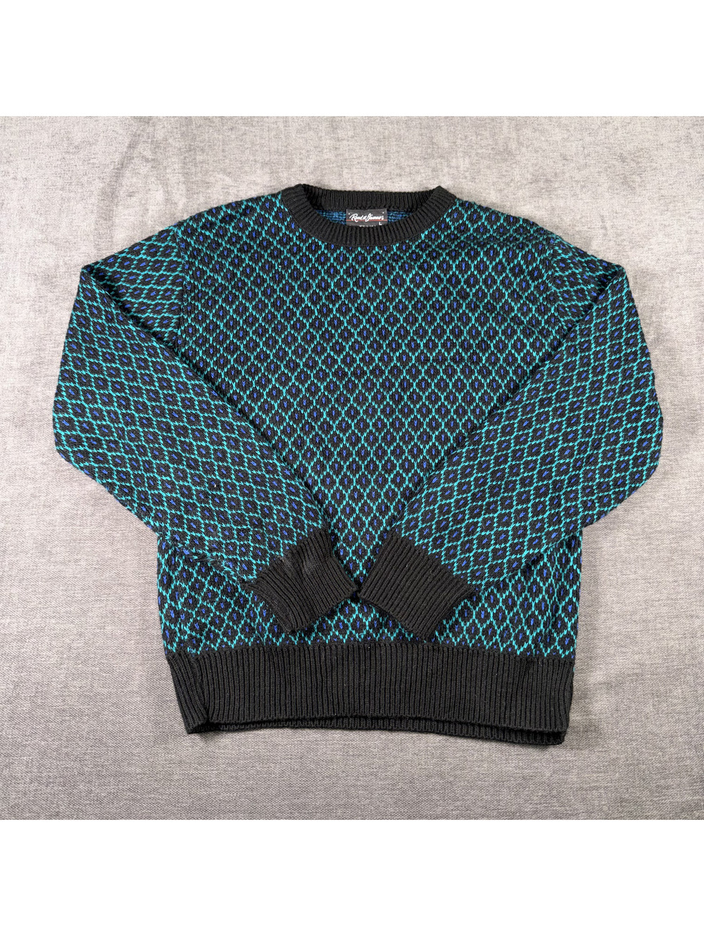 Reed St. James Vintage Black and Blue Patterned Pullover Sweater Large